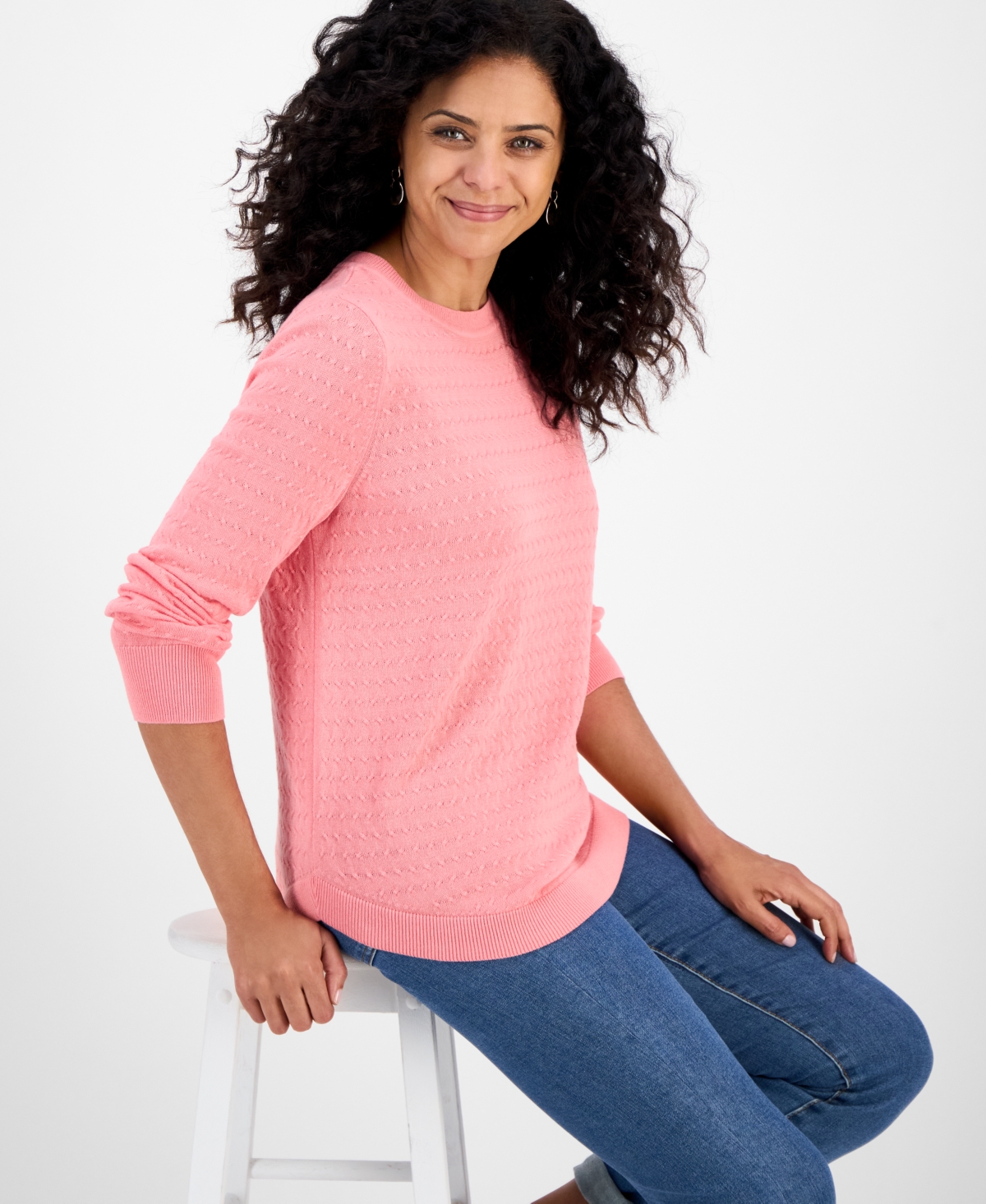 Style & Co Women's Curved-hem Cotton Pullover Sweater, Macy's Exclusive In Pink