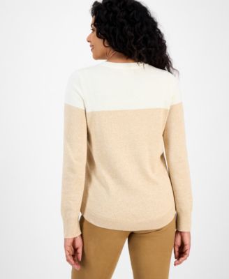Women's Crewneck Cotton Colorblocked Sweater, Created for Macy's 