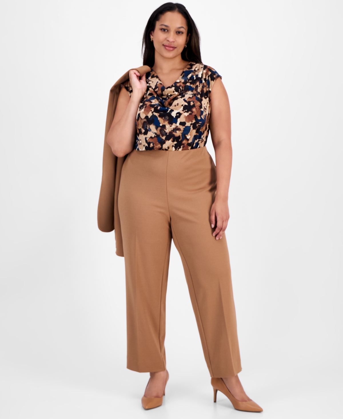 Anne Klein Plus Size High-rise Pull-on Straight-leg Ankle Pants In Brown
