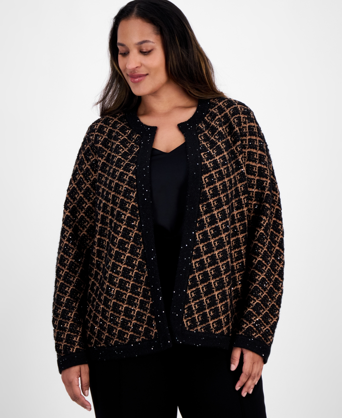 Anne Klein Plus Size Plaid-print Long-sleeve Sequin Cardigan In Animal Print
