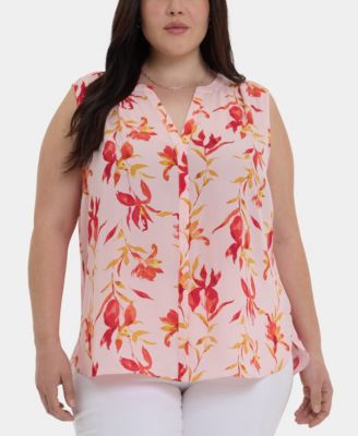 Plus Size Sleeveless Pintuck Split Neck Top