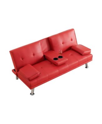 Red Leather Double Folding Sofa Bed with Table