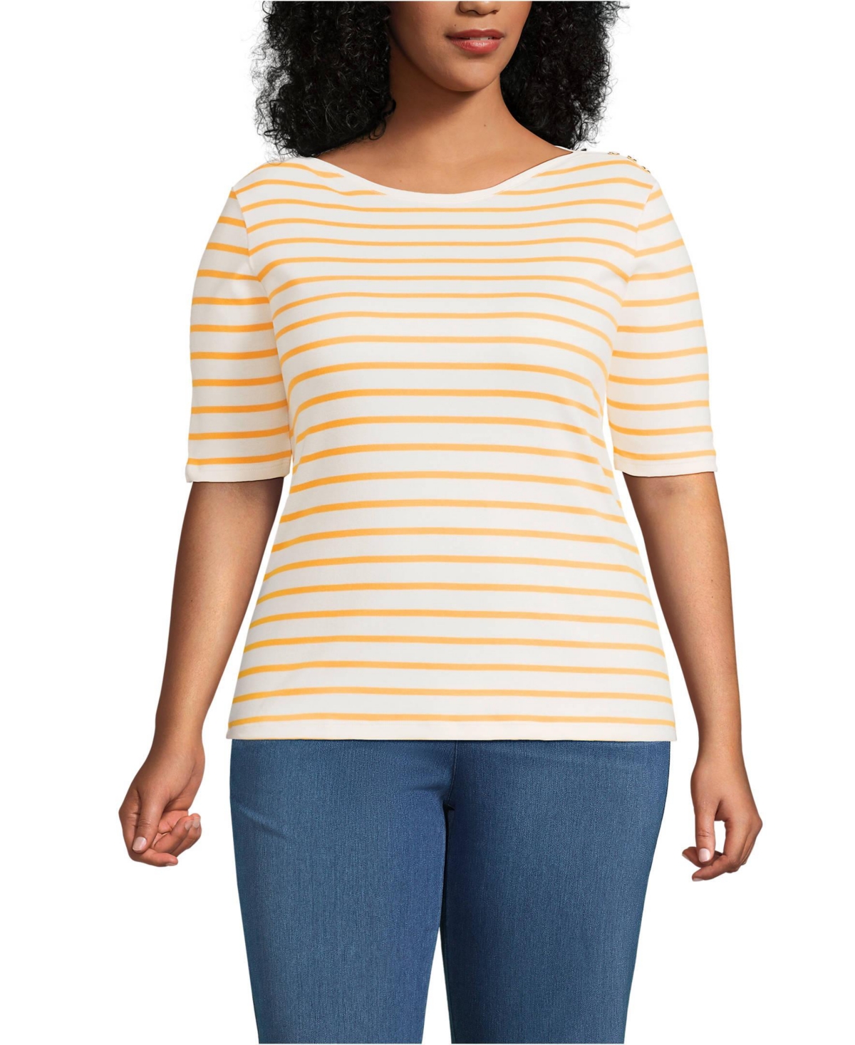 Plus Size Supima Cotton Elbow Sleeve Boatneck Button Shoulder Tee - Ivory/black breton stripe