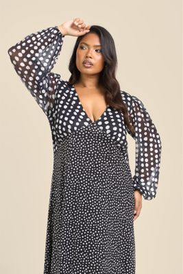 Women's Long Sleeved Polka Dot Midi Dress