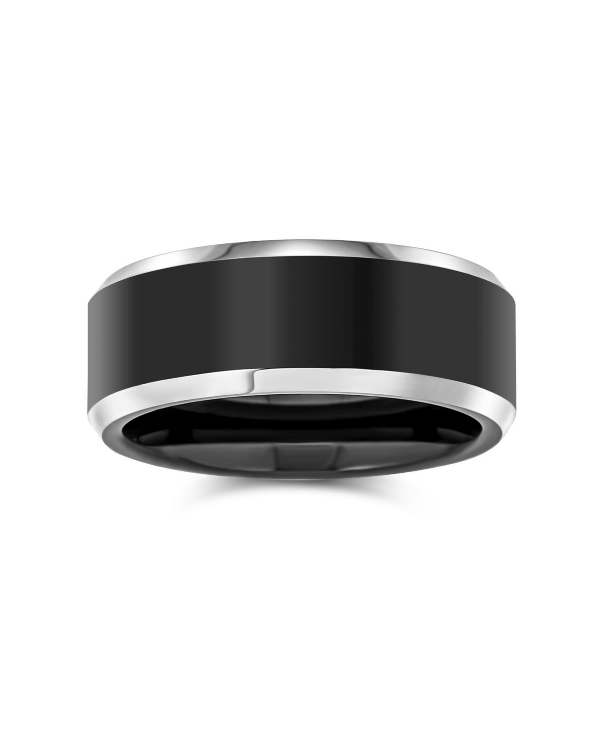 Bling Jewelry Simple Black Titanium Band Ring Silver Two Tone Beveled Edge Comfort Fit