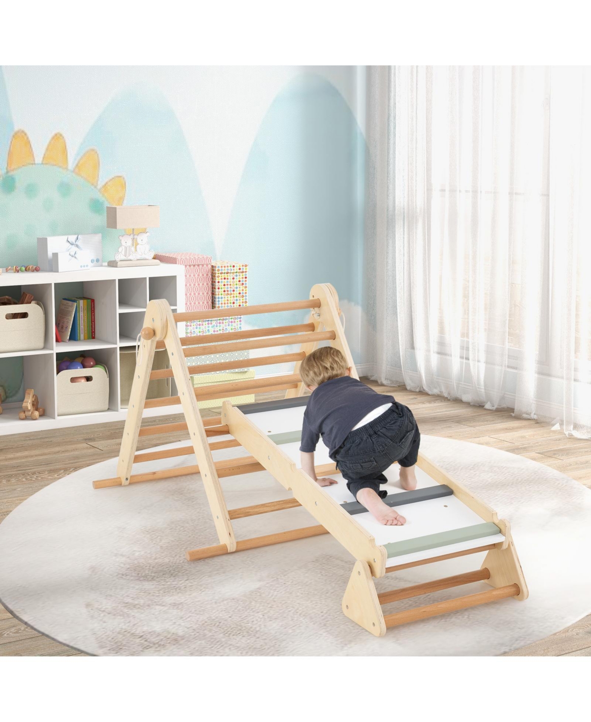 Gymax 3-in-1 Pikler Triangle Climbing Set Kids Montessori Climbing Toys Wooden Climber