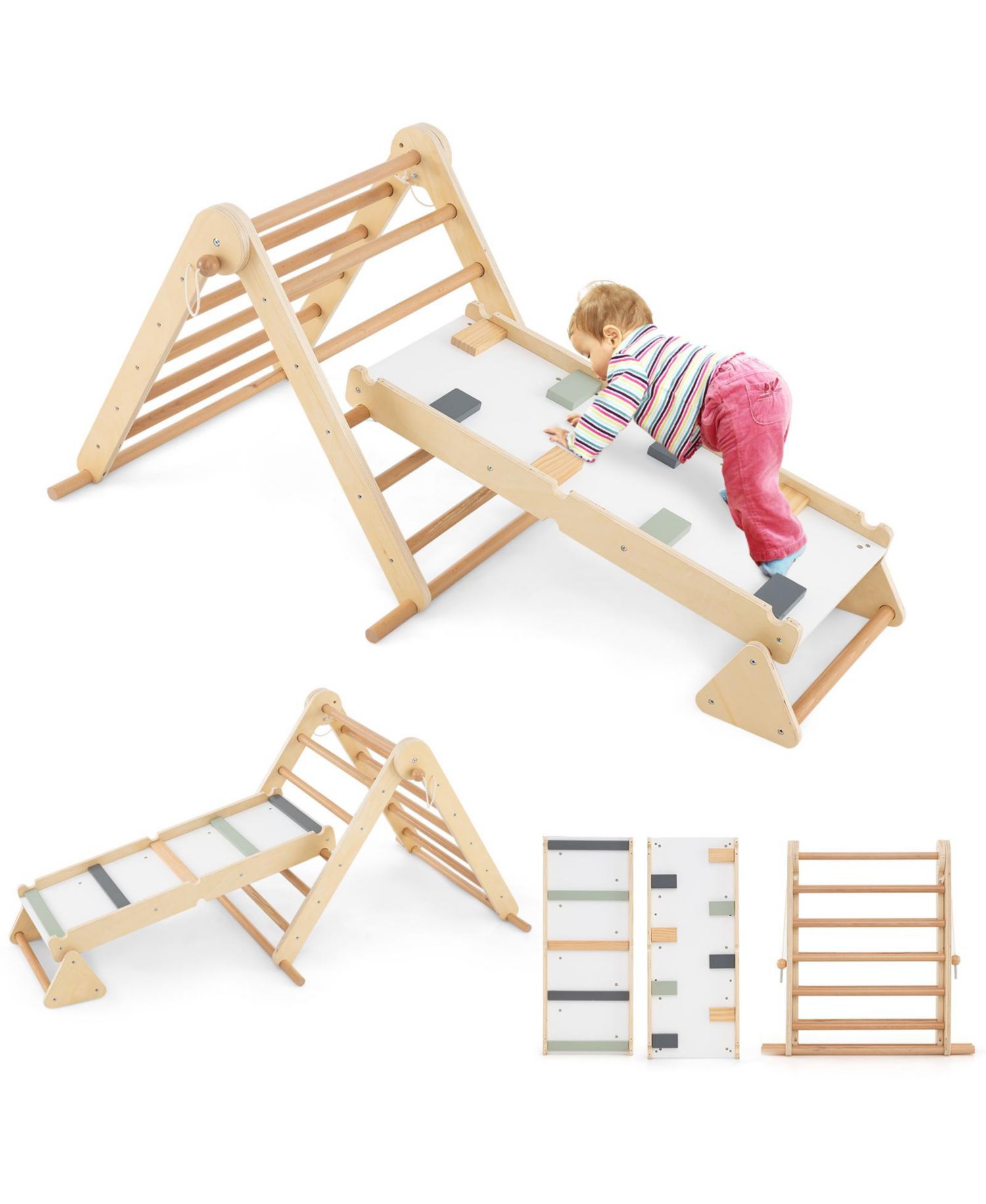 3-in-1 Pikler Triangle Climbing Set Kids Montessori Climbing Toys Wooden Climber