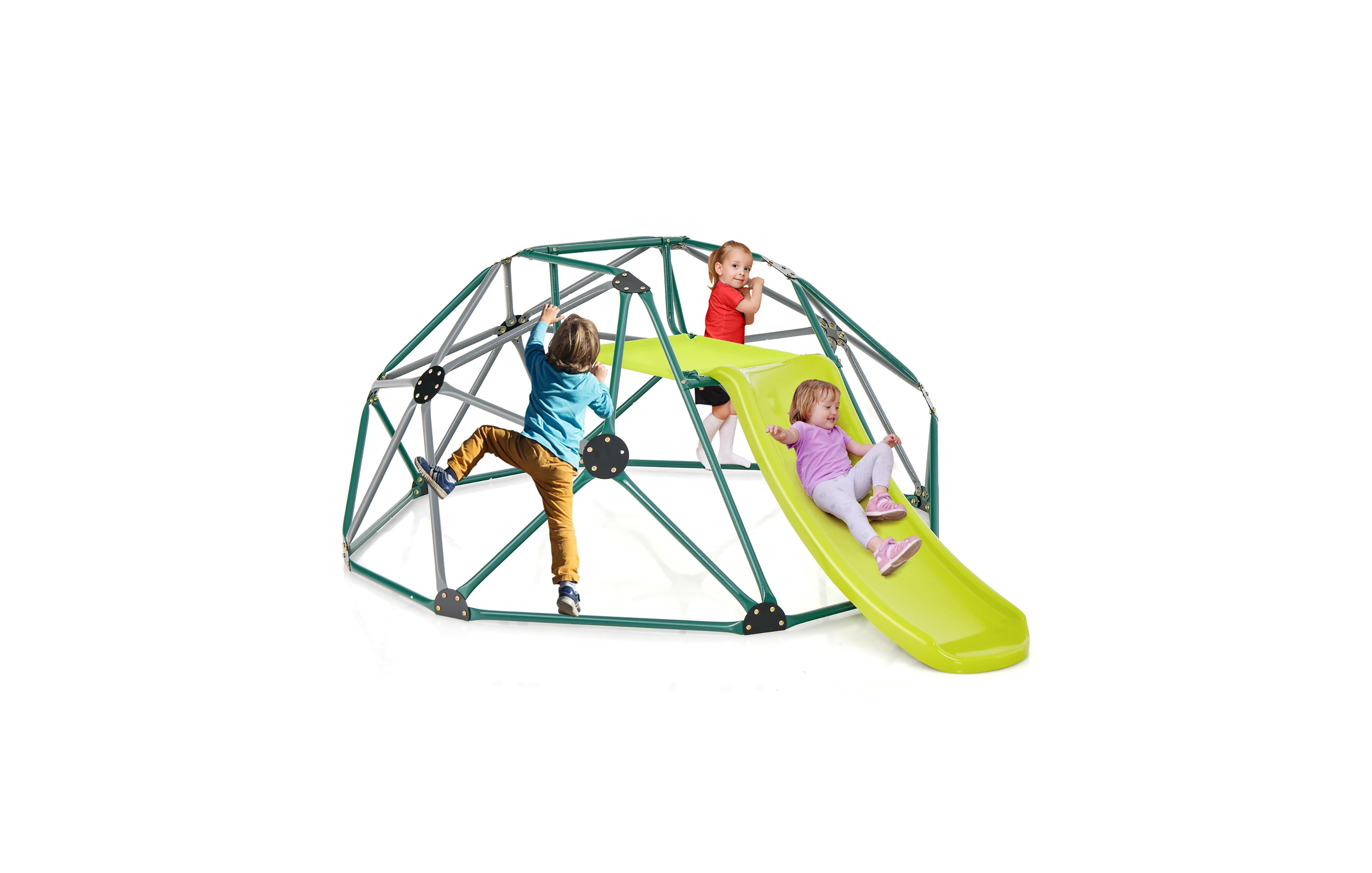 Gymax Toddler 8FT Climbing Dome w/ Slide Outdoor Jungle Gym Dome Climber Green & Gray