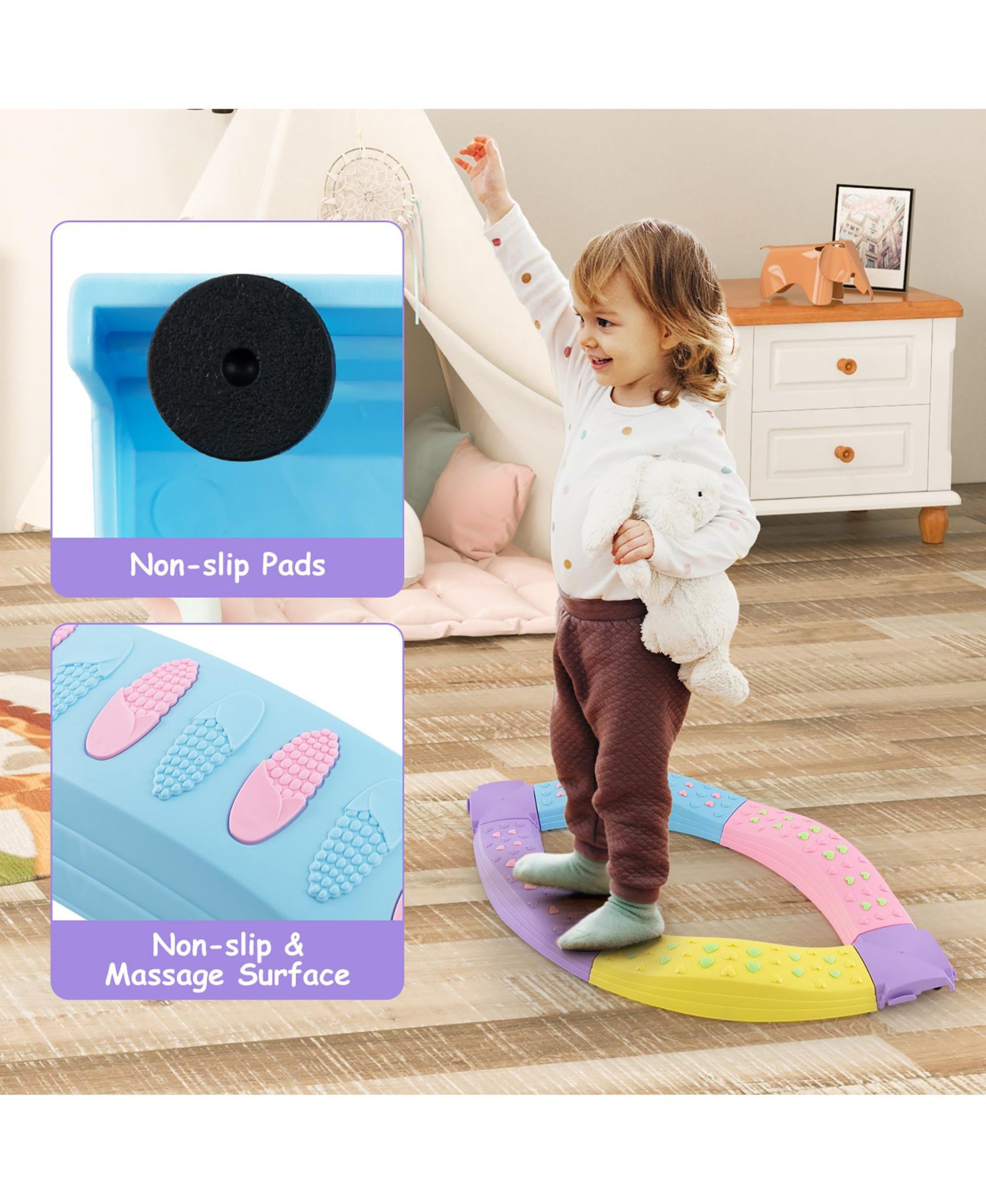 Balance Beams for Kids w/ Non-slip Textured Surface Bottom Pad Multicolor