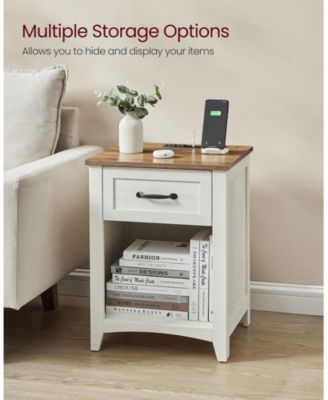 Farmhouse Nightstand with Drawer, Shelf, and Charging Station, Set of Bedside Tables