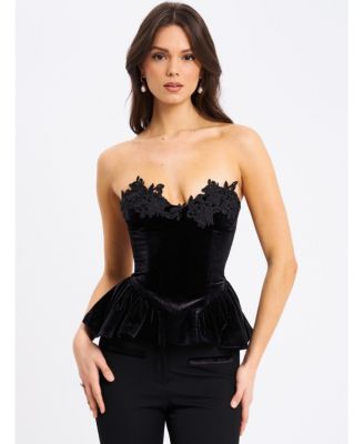 Women's Qiara Black Velvet Peplum Top with Lace Trim