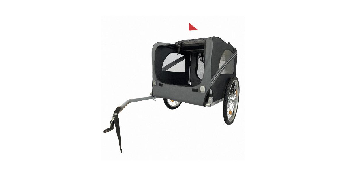 Folding Pet Trailer Car for Bicycle, Folding Pet Carrier with Wheels, Safety Flag, Easy to Connect & Store, Black+ Gray