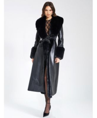 Women Zaida Black Faux Fur Trim Black Faux Leather Coat