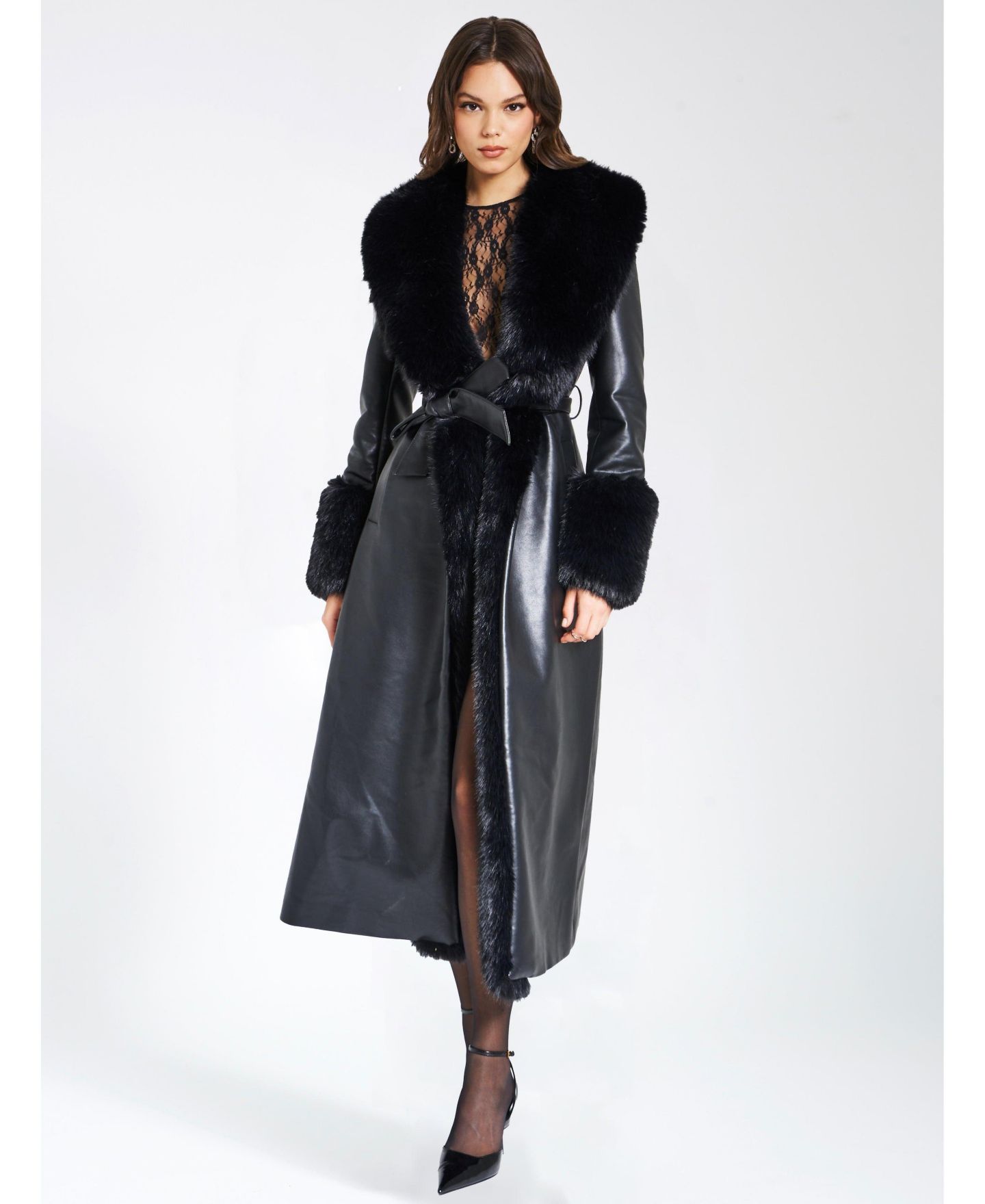Женское пальто Miss Circle Women Zaida Black Faux Fur Trim Black Faux Leather, цвет: Чёрный — фото 8