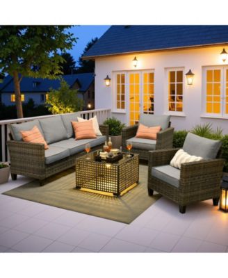 4 Pieces Outdoor Patio Furniture Set,Outside Conversation Set with All-Weather Wicker Sofa,Deep Seating Cushions and Solar Powered Coffee Table