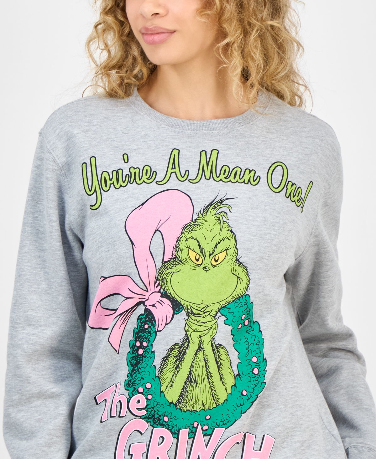 Love Tribe Juniors' The Grinch Wreath Crewneck Sweatshirt In Gray