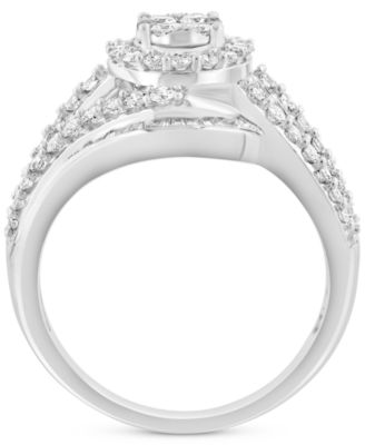 EFFY&reg; Diamond Round & Baguette Swirl Halo Cluster Ring (1-1/5 ct. t.w.) in 14k White Gold
