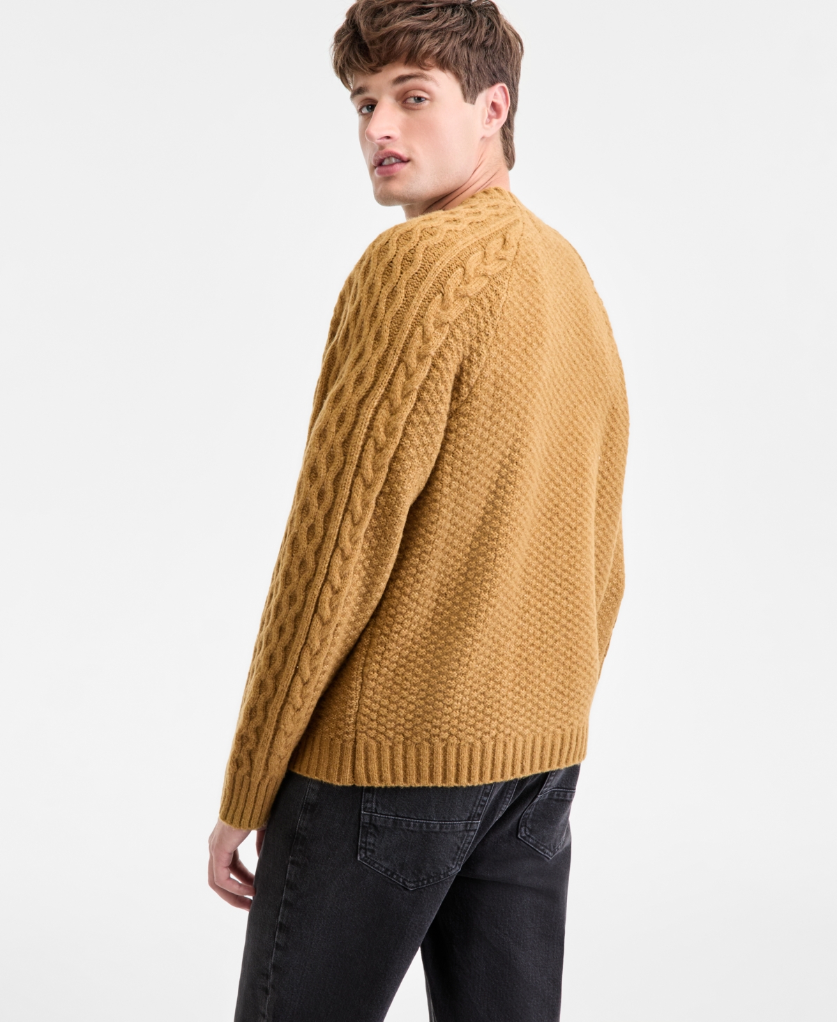 Sun + Stone Men's Long-sleeve Cozy Cable-knit Crewneck Sweater, Macy's Exclusive In Brown