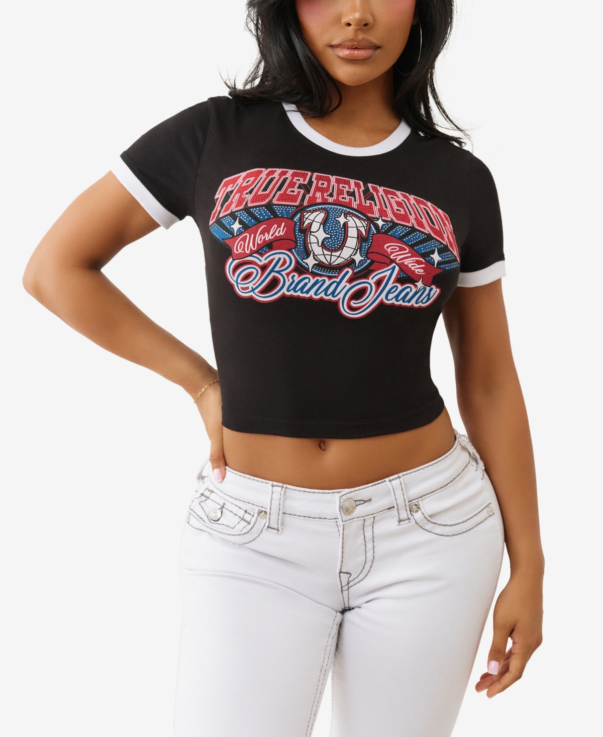 Women's Crystal Contrast Ringer Crew Neck T-Shirt - White, Red