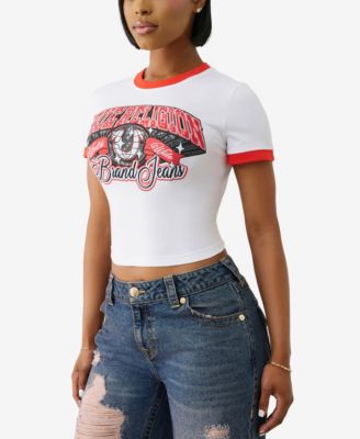 Women's Crystal Contrast Ringer Crew Neck T-Shirt