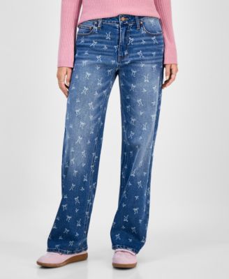 Juniors' Mid-Rise Bow-Print Baggy Jeans