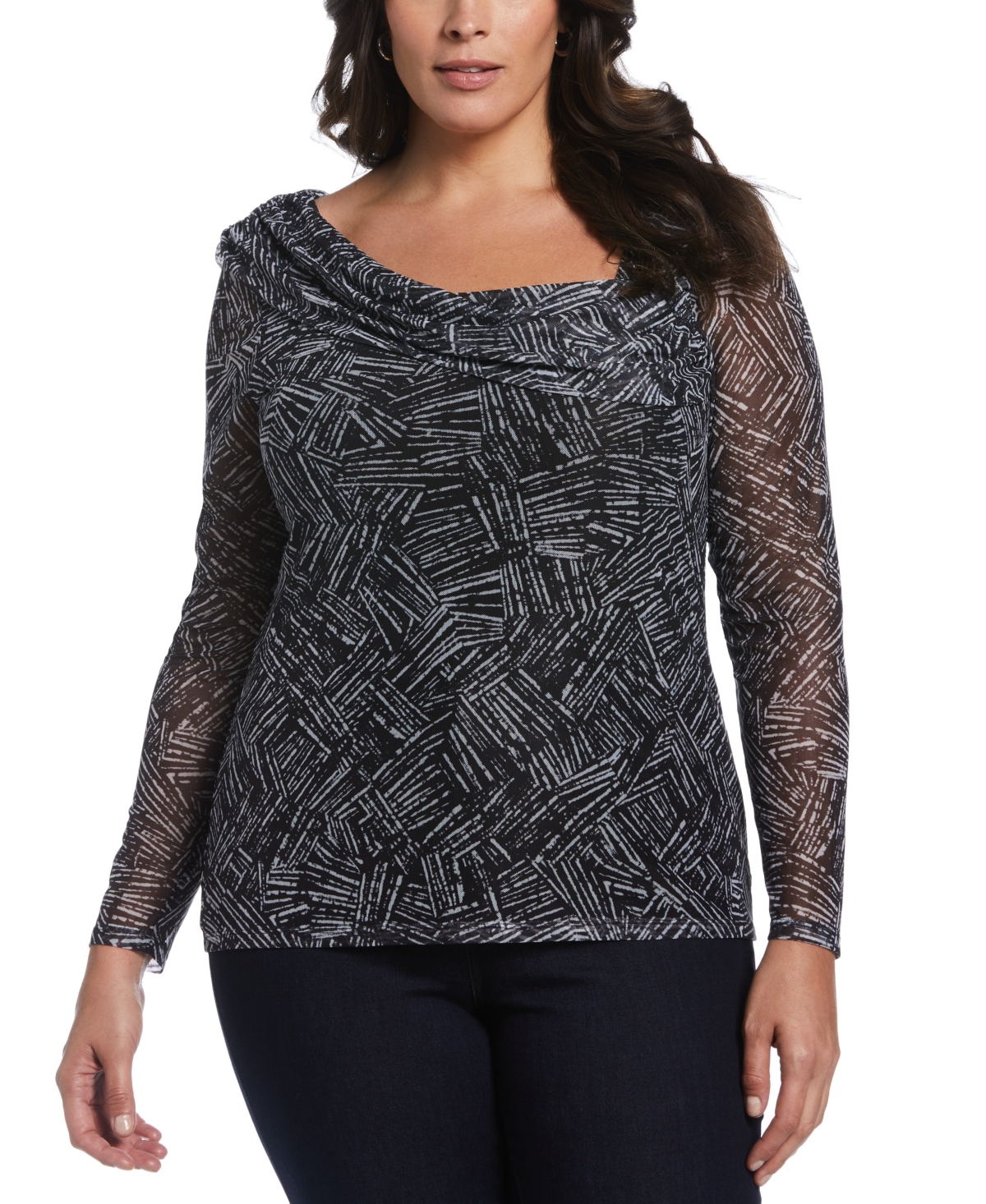 Plus Size Printed Asymmetrical Mesh Top - Black