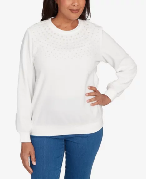 Petite Embellished Neckline Anti-Pill Top - Ivory