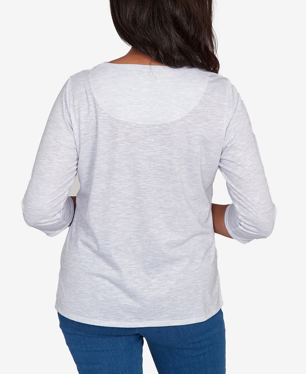 Alfred Dunner Petite Santa And Tree Print Top In Gray