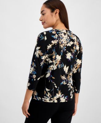 Petite Henley-Neck Floral-Print Top