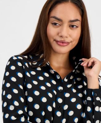 Petite Long Sleeve Button Up Dot-Print Shirt