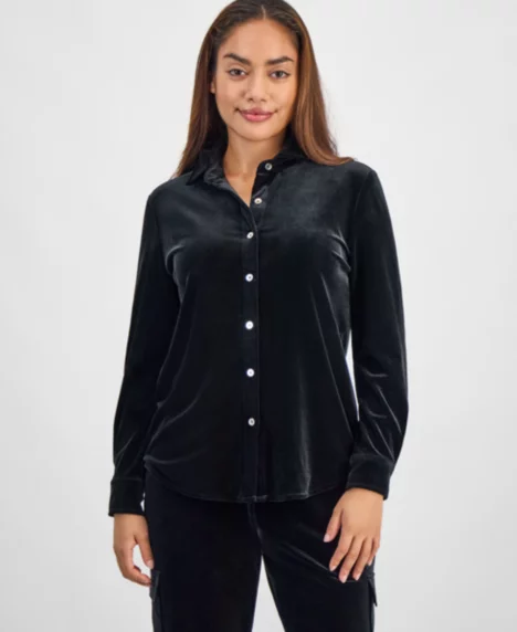 AK Anne Klein Petite Velour Shirt - Anne Black