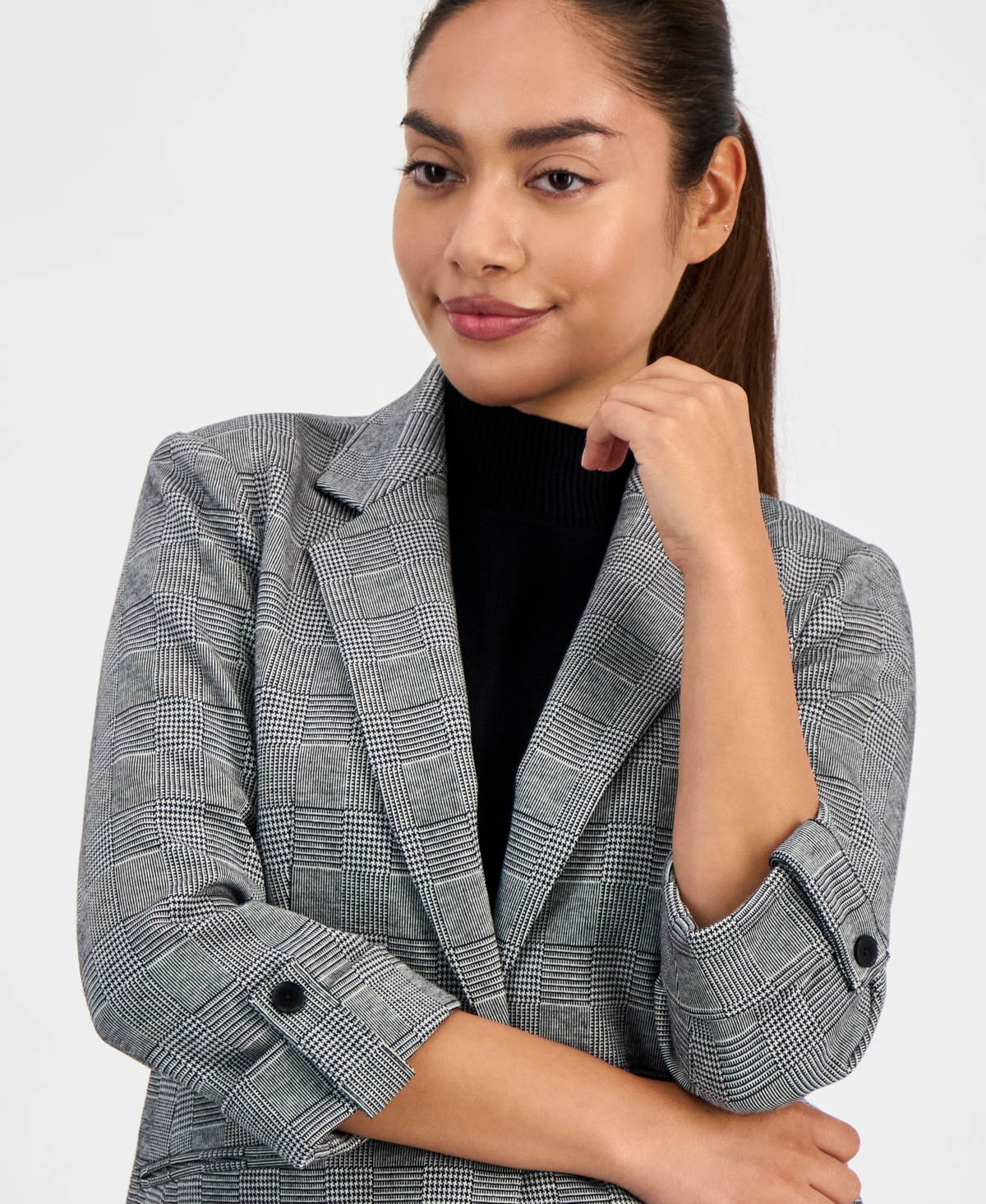 Ak Anne Klein Women's Plaid Jacquard Notch-collar 3/4-sleeve Jacket In Multi