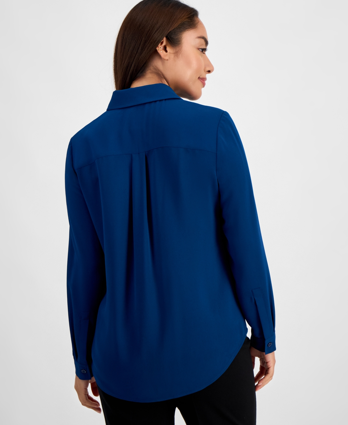 Ak Anne Klein Petite Long-sleeve Button-front Shirt In Blue