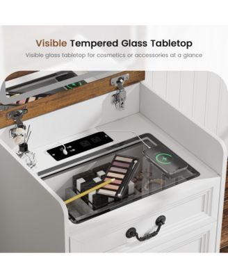 Flip-top vanity desk with mirror and stool.