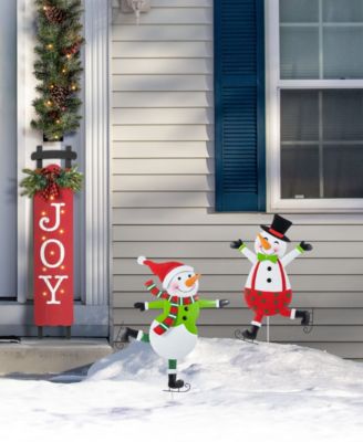 Metal Christmas Skiing Snowmen Yard Stakes, Set of 2
