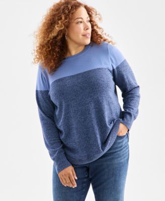Style & Co - Plus Size Cotton Color-Block Crewneck Sweater