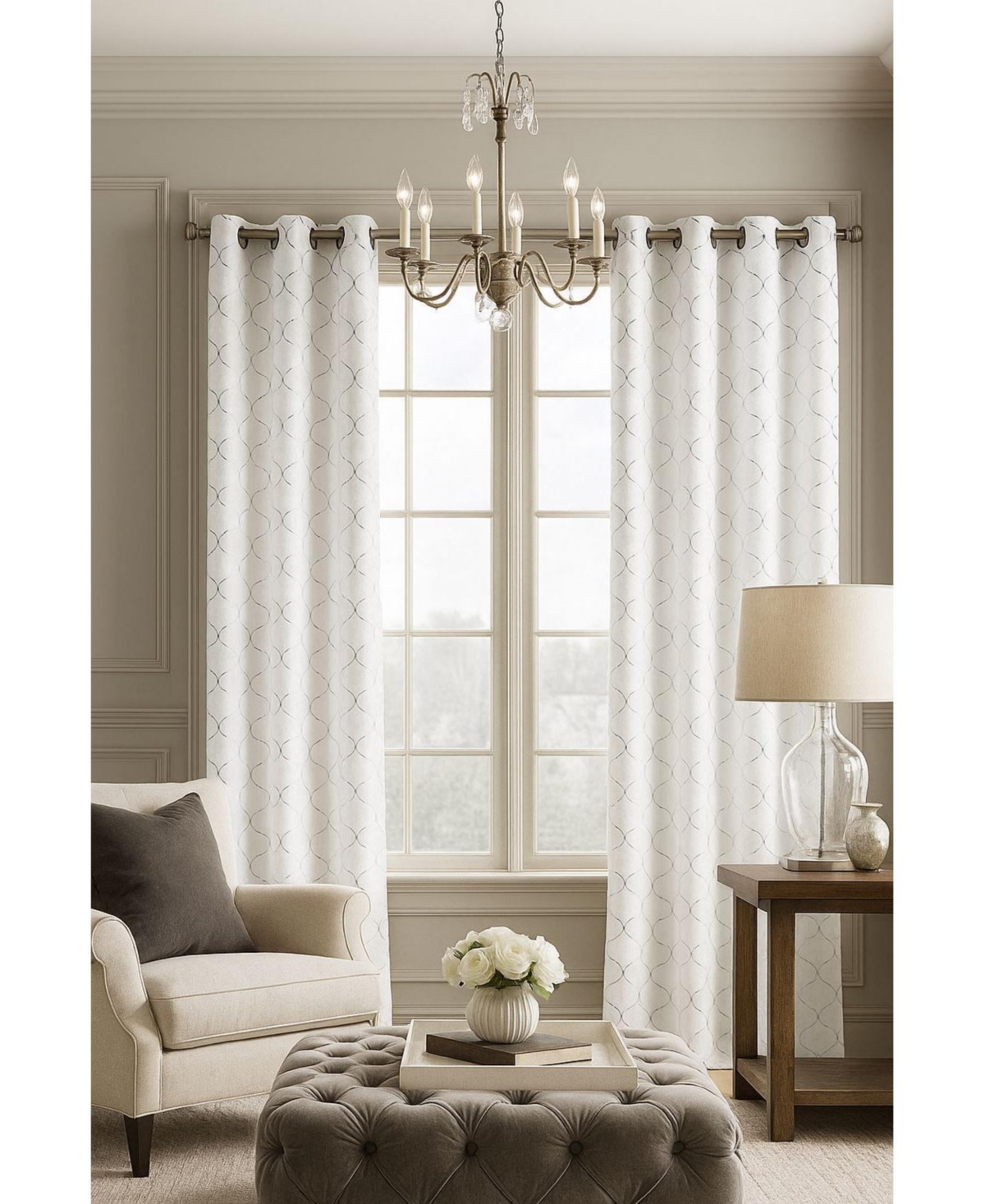 2 Pack Metallic Silver & White Lattice Clover Ultra Luxurious Window Curtains - 38 in. W x 63 in. L, White & Silver - White  silver
