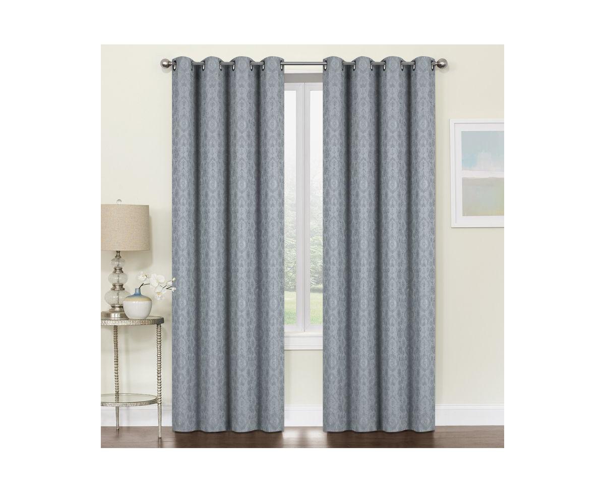Regency Collection Raised Jacquard Damask Grommet Top Curtains - 52 in. W x 84 in. L, Dark Teal/Navy - Gray