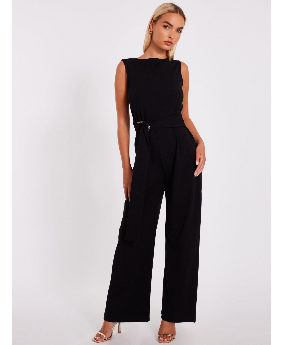Women's Scuba Crepe Jumpsuit with Gold Buckle - Black