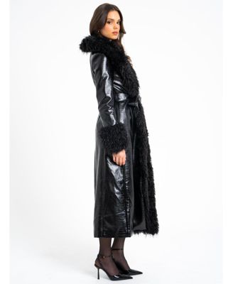 Women's Zella Black Fur Trim Faux Croc Leather Coat