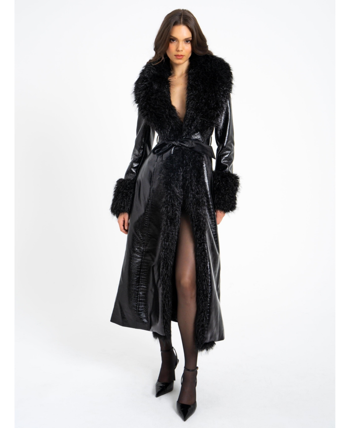 Women's Zella Black Fur Trim Faux Croc Leather Coat - Black