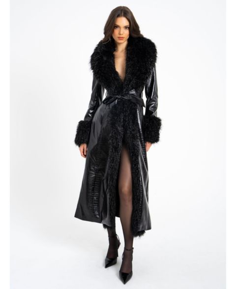 Женские куртки Miss Circle Women's Zella Black Fur Trim Faux Croc Leather Coat