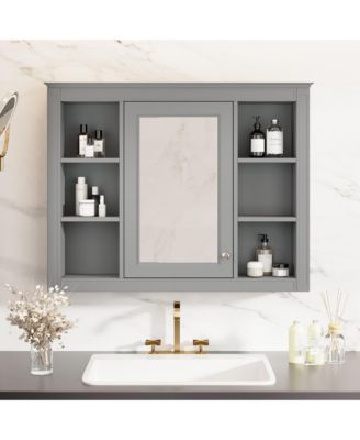 35" x 27.5" Bathroom Mirror Cabinet with 6 Open Shelves, Wall Mounted Medicine Cabinet (No Vanity)