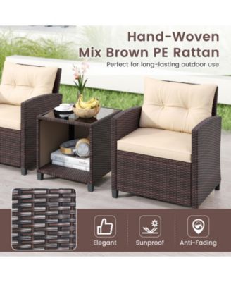 Outdoor 3-Piece Rattan Furniture Set with Comfortable Chairs and Coffee Table with Hidden Storage