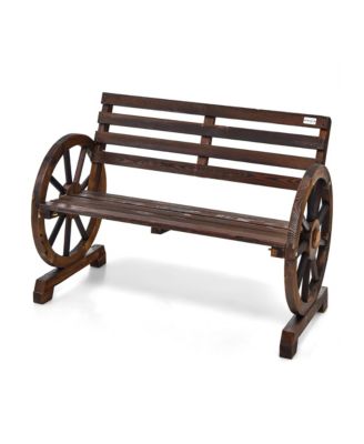 Patio Wagon Wheel Bench Outdoor Garden Wooden Rustic Bench w/ Slatted Design