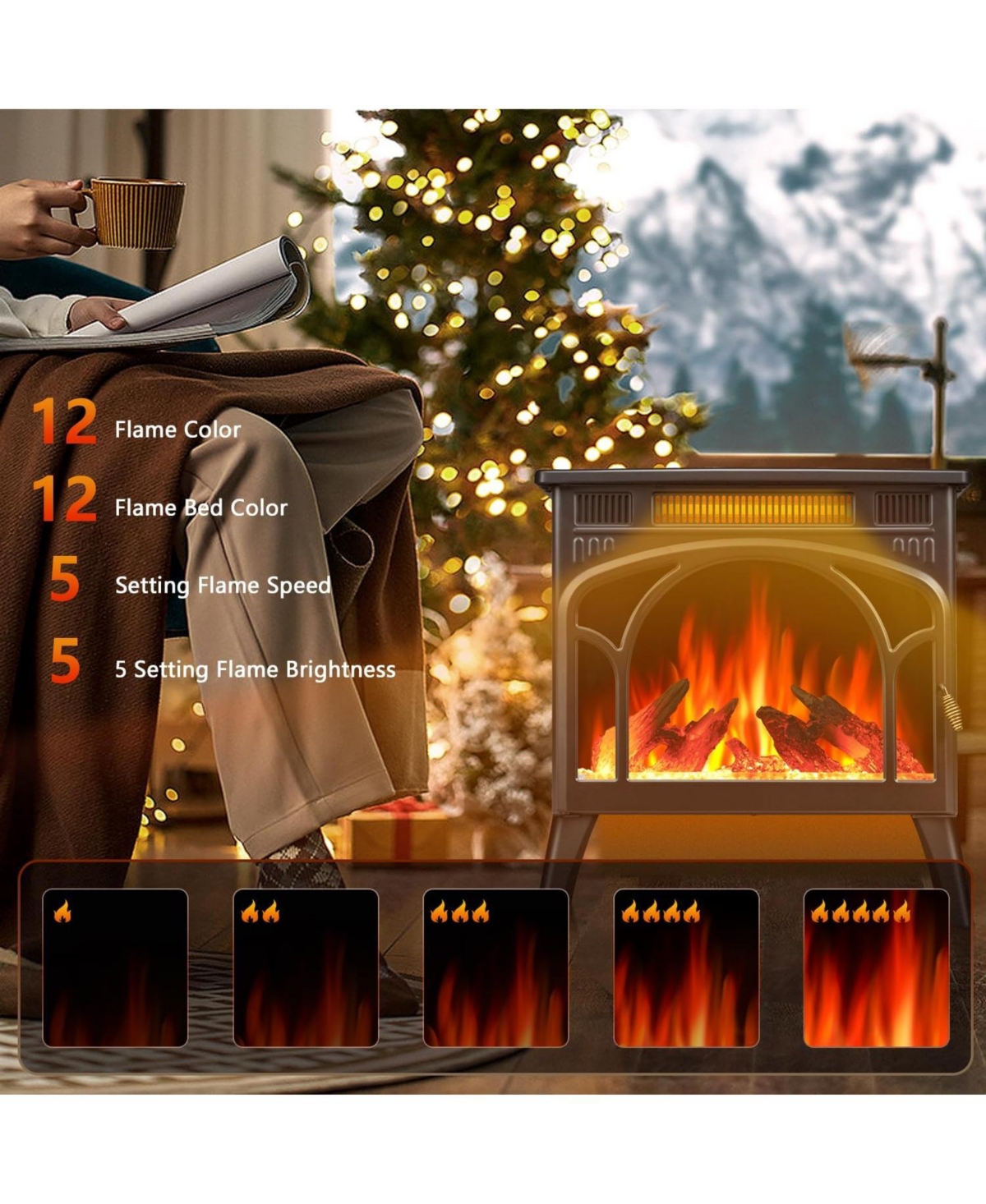 Cowsar Electric Fireplace Heater 17" with Remote Control, Cathedral Stylish, Different Flame Effects and Log Set Colors, Adjustable Brightness and Hea