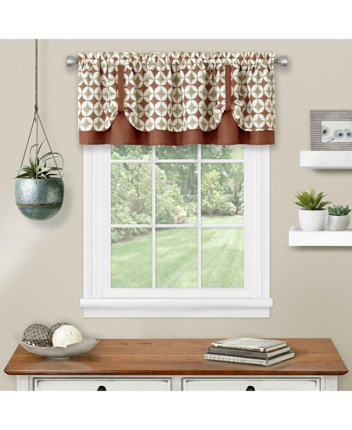 Modern Geometric Button Tuck Layered Rod Pocket Window Valance - 56 in. W x 15 in. L, Spice - Spice