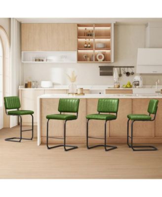 Upholstered Set of 2 Cantilever PU Leather Counter Height Barstool with Black Metal Legs