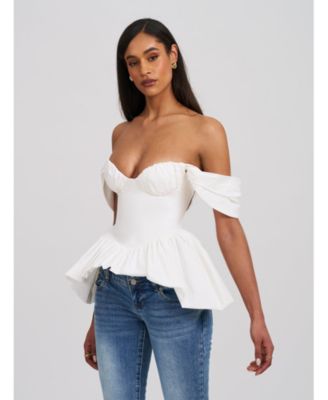 Women Qistina White Off-shoulder Bubble Hem Peplum Cotton Top