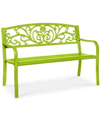 Outdoor Steel Bench Garden Patio Porch Furniture w/ Floral Design Backrest